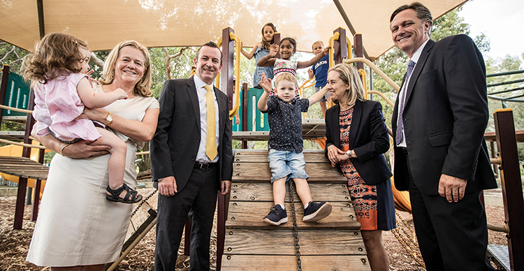 Minderoo CEO Nicola Forrest, Premier Mark McGowan, Community Services Minister Simone McGurk and The Kids Research Institute Australia Director Professor Jonathan Carapetis AM